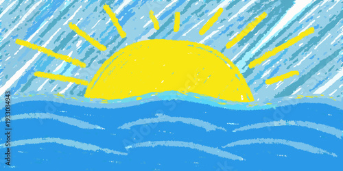 A child s drawing of a bright yellow sun over blue waves