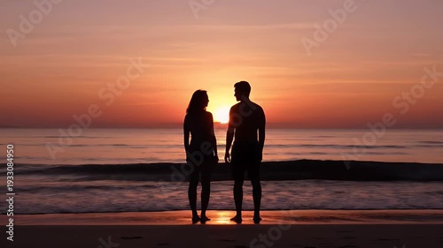 Couple enjoying the sunset on the beach, romantic moment.