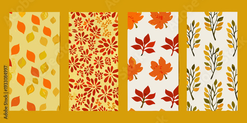 Four vertical panels displaying repeating autumn leaf and floral patterns