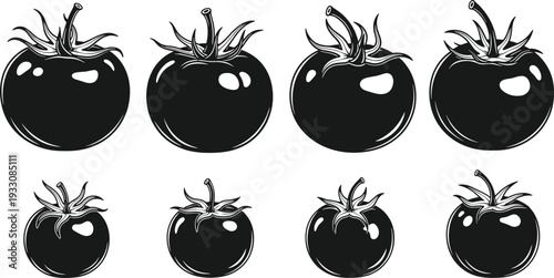 Tomato black silhouette set. Glossy whole tomato icons with leaf detail. Bold solid vegetable vector isolated on white background.