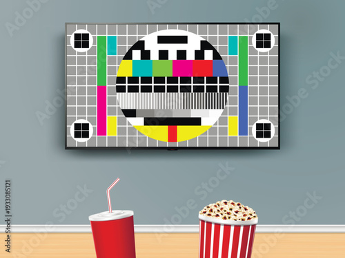 Failed to watch online TV. No signal TV with red paper cola cup and striped box with popcorn. Movie night at home.