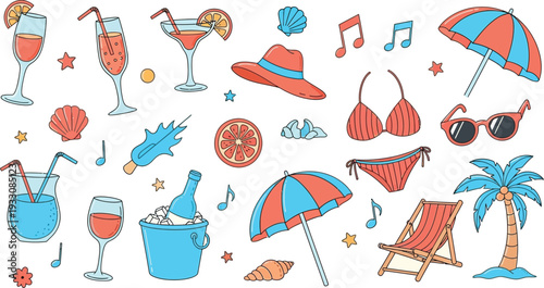 Summer beach party elements set with cocktails, bikini, and accessories. Hand drawn vector illustration.