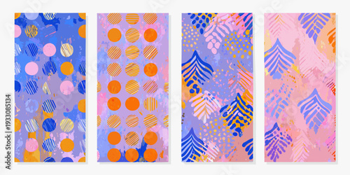 Four vertical panels featuring colorful abstract patterns and shapes