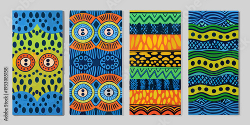 Four vibrant vertically oriented paintings with abstract owl like designs