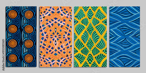 Four vibrant panels displaying unique abstract geometric patterns
