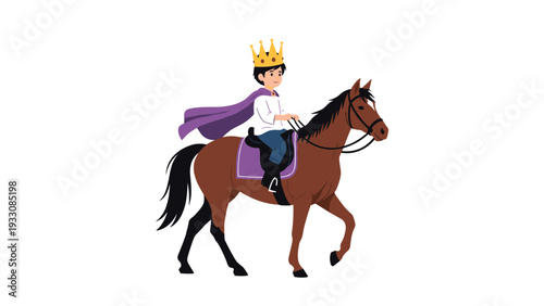 Fairytale prince wearing a gold crown and purple cape riding a brown horse against a clean white background for storytelling.