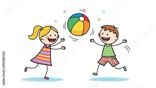 Happy young girl and boy playing together with a colorful inflatable beach ball in a fun outdoor childhood activity.