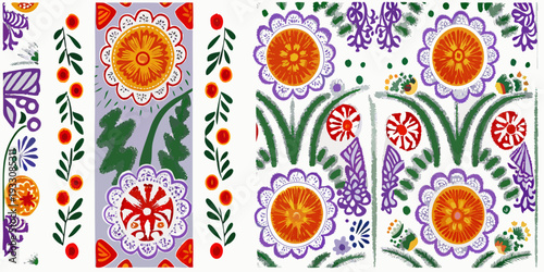 Vibrant floral and geometric patterns on a white background display