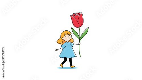 Cute little girl in a blue dress walking and carrying a giant red tulip flower representing nature, spring and childhood.