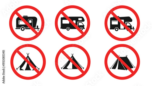 Set of six red prohibition signs indicating that camping with tents, caravans and motorhomes is strictly forbidden in the area.