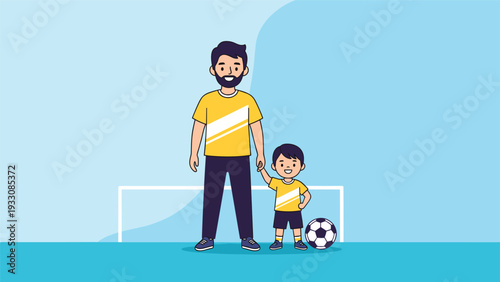 Proud father and young son in matching yellow soccer uniforms standing with a football in front of a goal on a field.