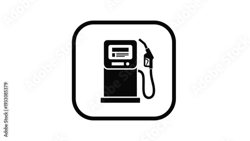 Black and white gas station pump icon representing fuel service, gasoline and energy for vehicles in a square frame.