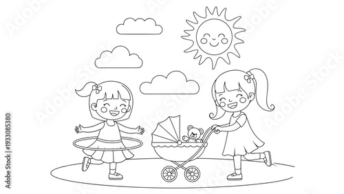 Outline illustration for coloring book showing two little girls playing with a hula hoop and a baby stroller in a sunny park.