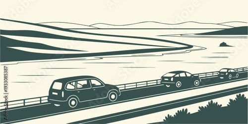 Aerial view of a busy highway with multiple lanes and vehicles traveling in both directions Vector