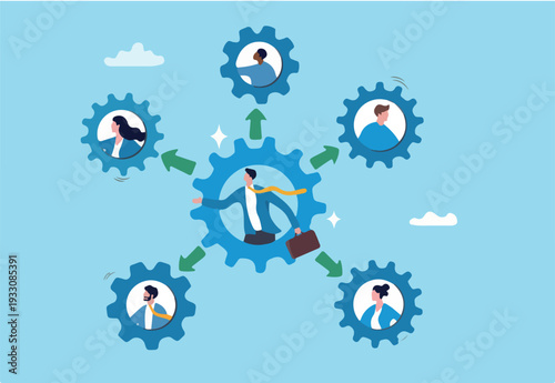 Work delegation, assign responsibility, collaboration task, teamwork efficiency or team productivity, process for manager to delegate work to employee, business teamwork delegate gear collabo