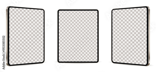 Realistic tablet mockup from angled view. Digital tablet pc isolated on white background. Set technology devices with empty display.
