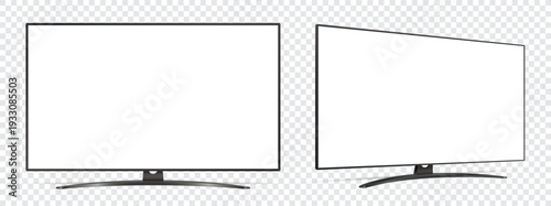 Mockup of smart tv. Front and side view with white empty screen on transparent background.