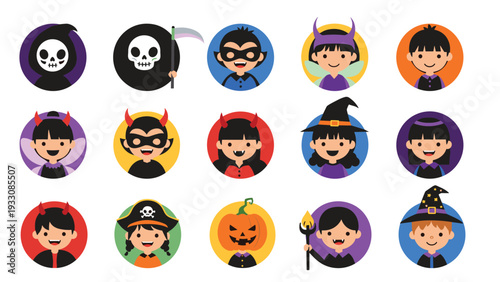 Set of circular avatars featuring cute children dressed in various Halloween costumes like witches, vampires, pirates, and ghosts.