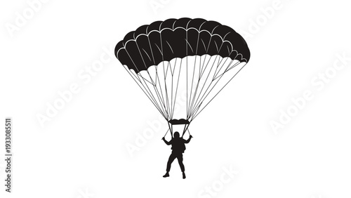 Black silhouette of a skydiver descending with an open parachute against a plain white background representing extreme adventure sports.