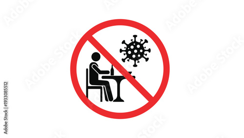 Warning sign showing a prohibited symbol over a person dining at a table near a virus molecule representing social distancing rules.