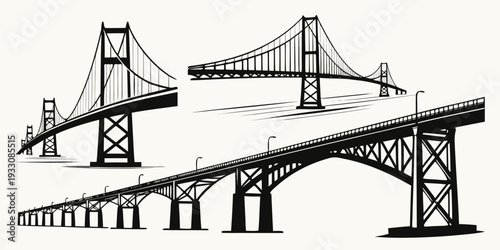 Three iconic bridges showcasing diverse architectural designs and engineering marvels. Vector