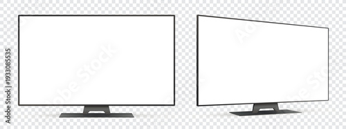 Realistic tv screen mockup. Front and side view with white empty screen on transparent background.