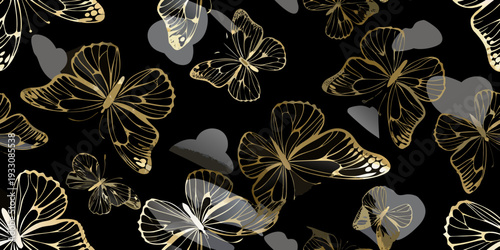 Elegant pattern of golden and gray butterflies against a black background