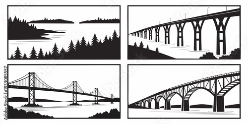 Four distinct architectural structures showcasing diverse engineering and design principles Vector