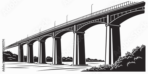 A large, multi-arched bridge spanning over a river with trees in the background. Vector