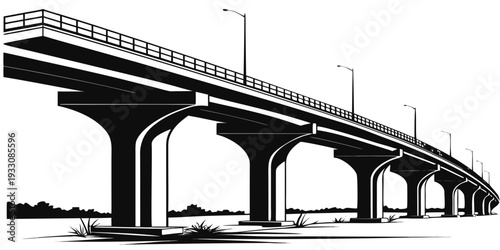 A detailed illustration of a multi-lane bridge with several vehicles traveling across it. Vector