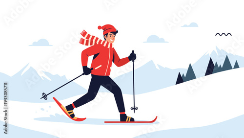 Energetic man in a red jacket and striped scarf skiing down a snowy mountain slope during a sunny winter day outdoors.