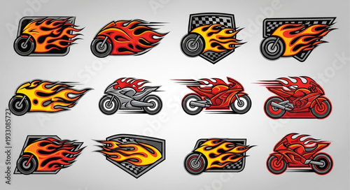Fiery motorcycle designs showcasing speed and dynamic motion with flames and energy.