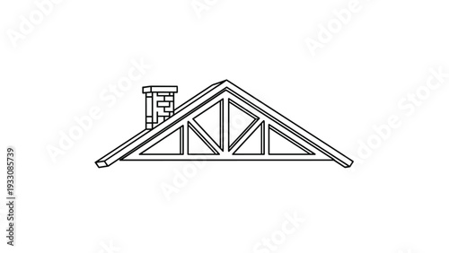 Clean line art illustration of a residential house roof featuring a triangular truss structure and a brick chimney on top.