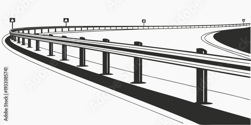 A long, winding road with a train traveling through a mountainous landscape Vector