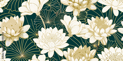 Elegant floral pattern featuring golden and cream lotus blossoms on teal