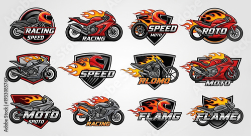 Motorcycle racing emblems with flames and speed elements for design.