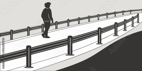 A man walking on a narrow, elevated platform over a large body of water. Vector