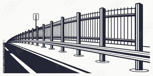 A long, black, metal fence with pointed tips and evenly spaced vertical bars. Vector