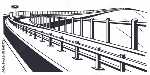 Aerial view of a long, straight highway with multiple lanes and guardrails. Vector