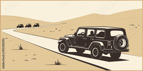 A convoy of vehicles traverses a vast, arid desert landscape under a clear sky. Vector