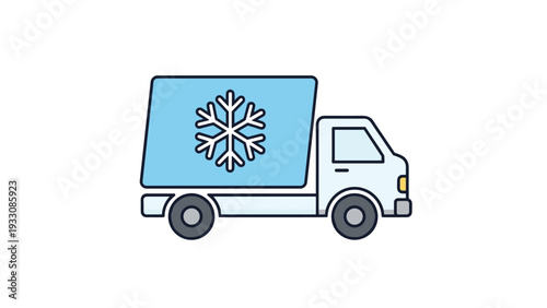 Illustrated refrigerated delivery truck in light blue colors featuring a large snowflake symbol on the side of the trailer.