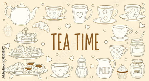 Tea Time Hand Drawn Doodle Illustration Set with Teapot, Teacups, Pastries, and Sweets Vector Collection