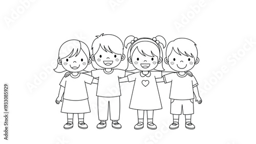 Black and white line art coloring page of four smiling diverse friends standing together with their arms over each other's shoulders.
