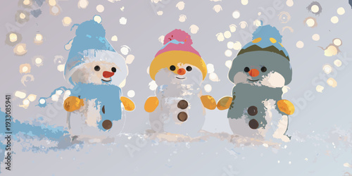 Three colorful snowmen wearing hats and scarves stand in the snow