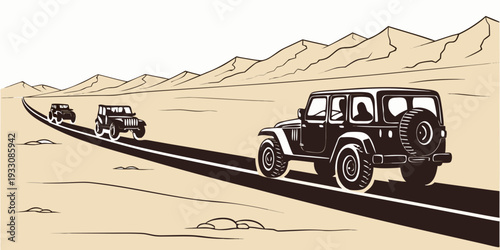 Vintage cars driving on a narrow desert road with mountains in the background Vector