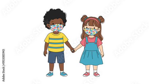 Little boy and girl wearing vibrantly patterned medical face masks while holding hands and standing together against a white background.