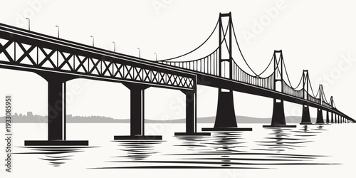 A detailed black and white illustration of a suspension bridge over a calm body of water Vector