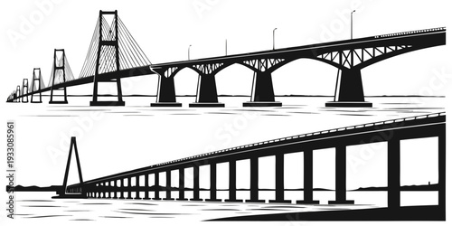 A comparison of suspension and truss bridge designs showcasing their structural differences Vector