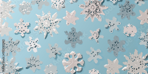 Abstract pattern of stylized snowflakes on a pale blue background