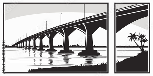 A serene riverside scene with a bridge and palm trees in the distance Vector